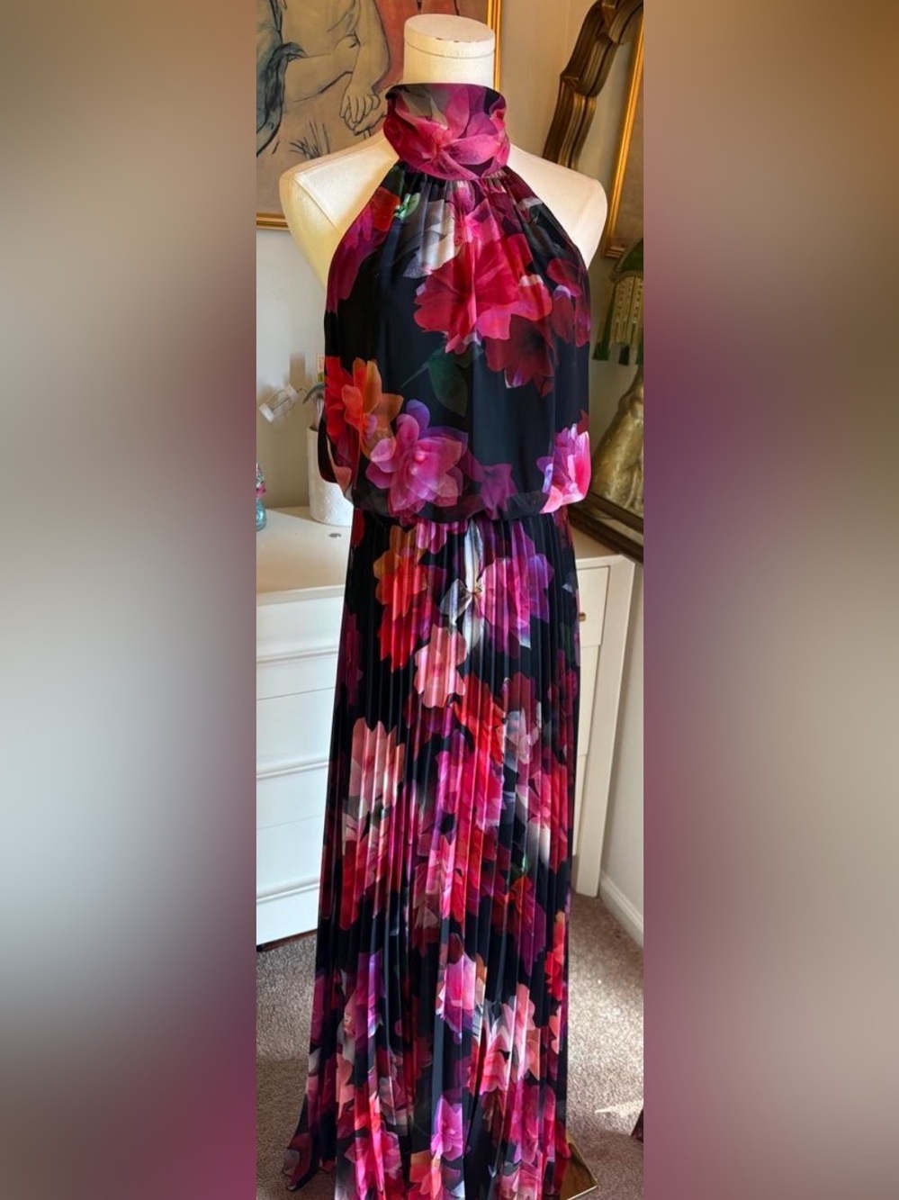 Floral High-Neck Pleated Maxi Dress Betsy&Adam
